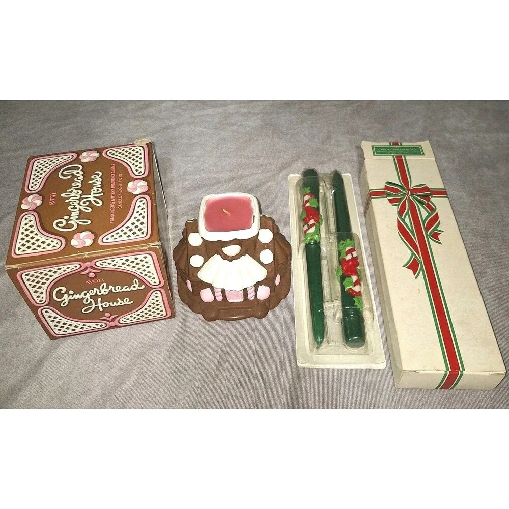 Avon Candy Cane & Holly 2 Bayberry Fragrance Taper Candles & Gingerbread House